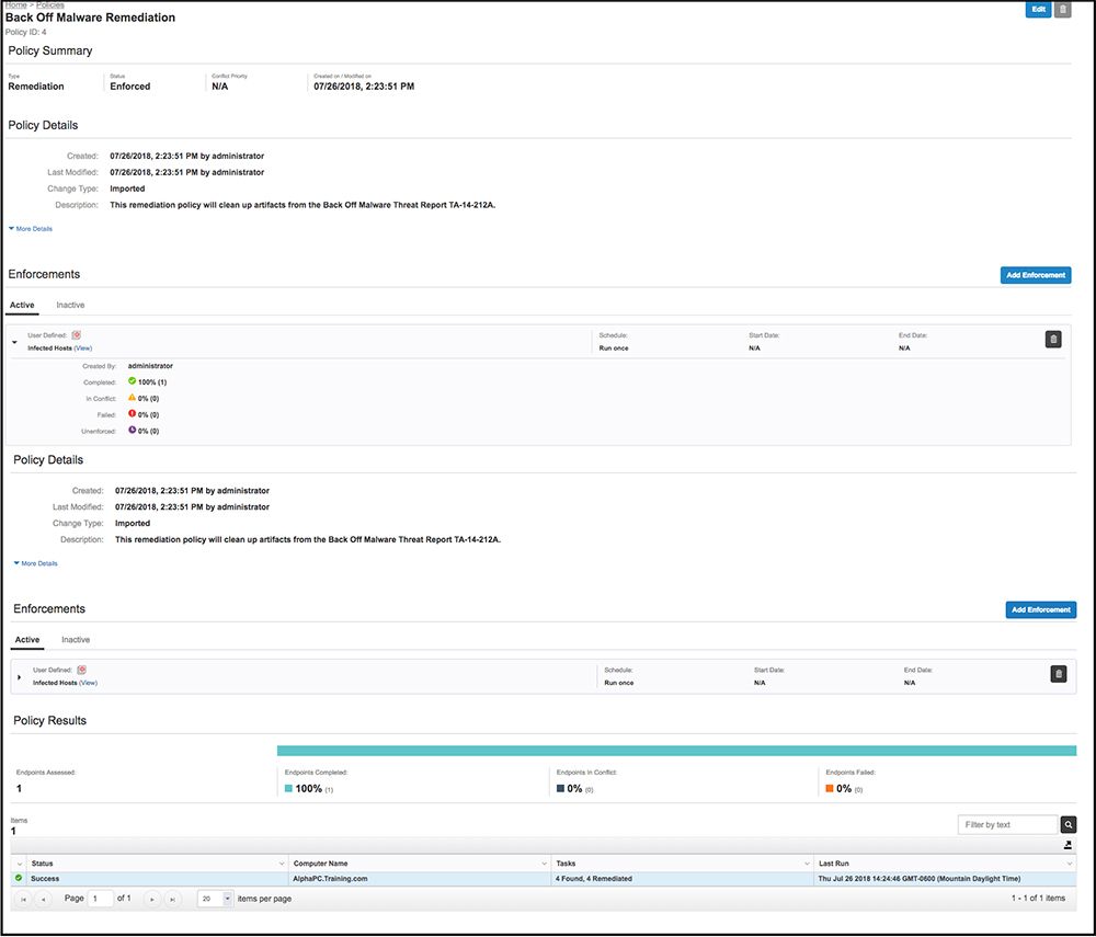 Screenshot der Tanium Protect-Richtlinie „Back Of Release Remediation“, der die Richtliniendetails, Erweiterungen und Richtlinierergebnisse mit Compliance-Kennzahlen zeigt