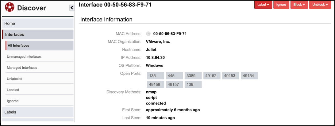 Screenshot von Tanium Discover mit detaillierten Informationen zur Schnittstelle, einschließlich MAC-Adresse und offener Ports