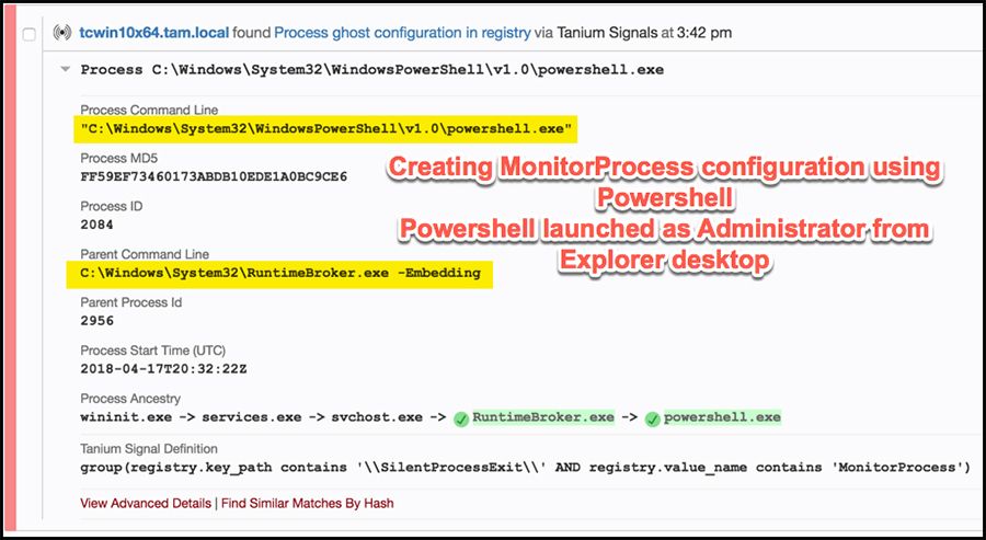 Tanium-Meldungen, die anzeigen, dass PowerShell vom Explorer aus als Administrator gestartet wird
