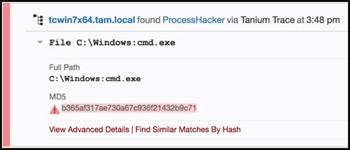 Tanium Trace zeigt Details zu „cmd.exe“ und dem „ProcessHacker“-Prozess an