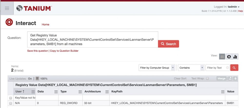 Tanium Interact-Abfrage, die die Einstellung „Windows Registry SMB1 “ anzeigt, die auf allen Computern bereitgestellt wurde