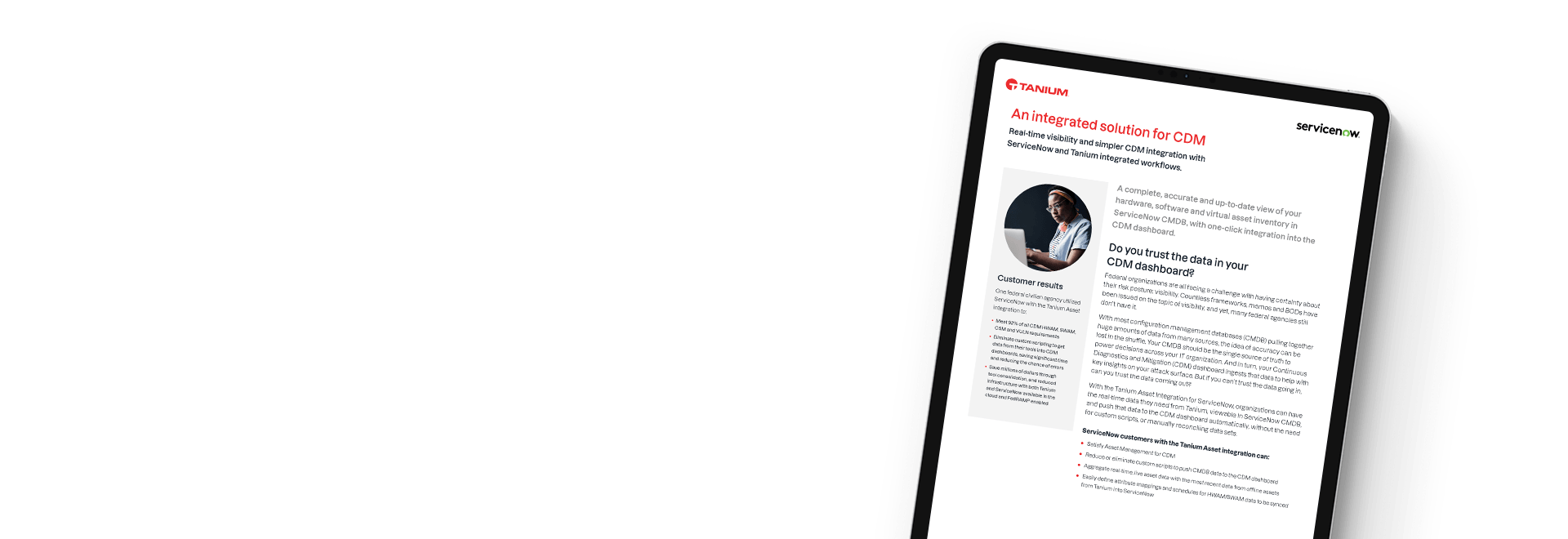 Tablet mit Tanium + ServiceNow für CDM-Lösungsübersicht mit Hochformat