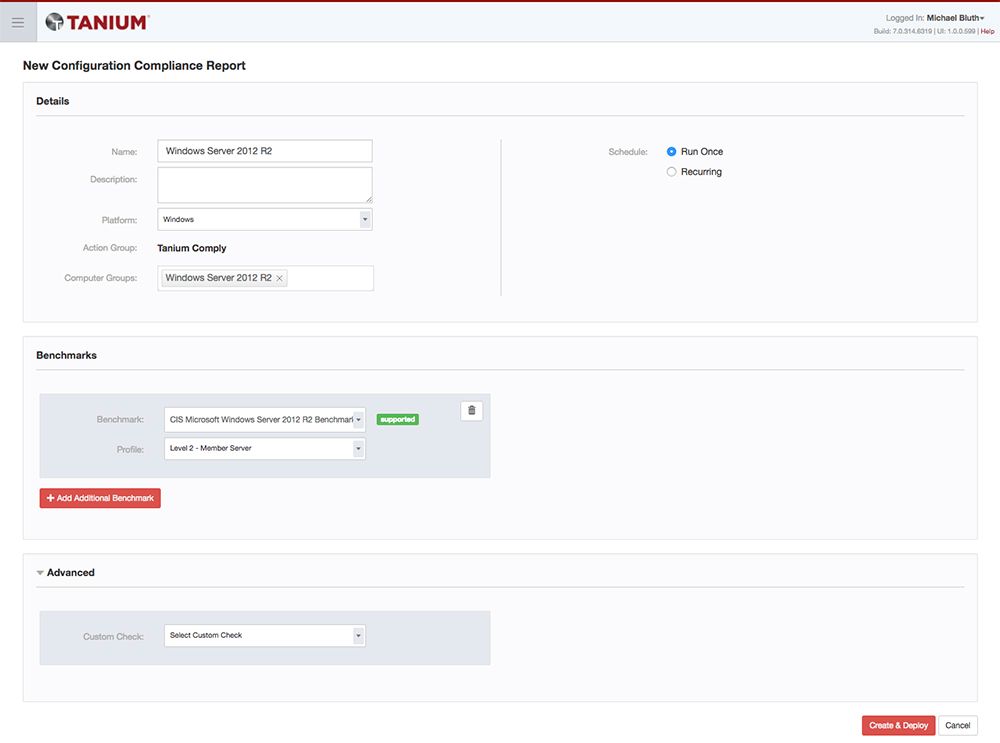 Tanium Comply-Formular zur Erstellung eines neuen Berichts zur Konformitätsprüfung der Konfiguration für Windows Server