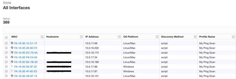 Screenshot der Seite „Tanium All Interfaces“, auf der 369 Netzwerkschnittstellen mit Angaben zu MAC-Adresse, Hostname, IP-Adresse und Betriebssystemplattform aufgelistet sind
