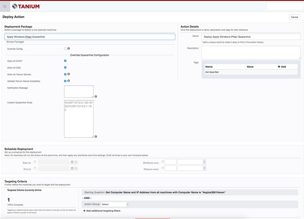 Produkt-Screenshot des Formulars „Tanium Deploy Action“
