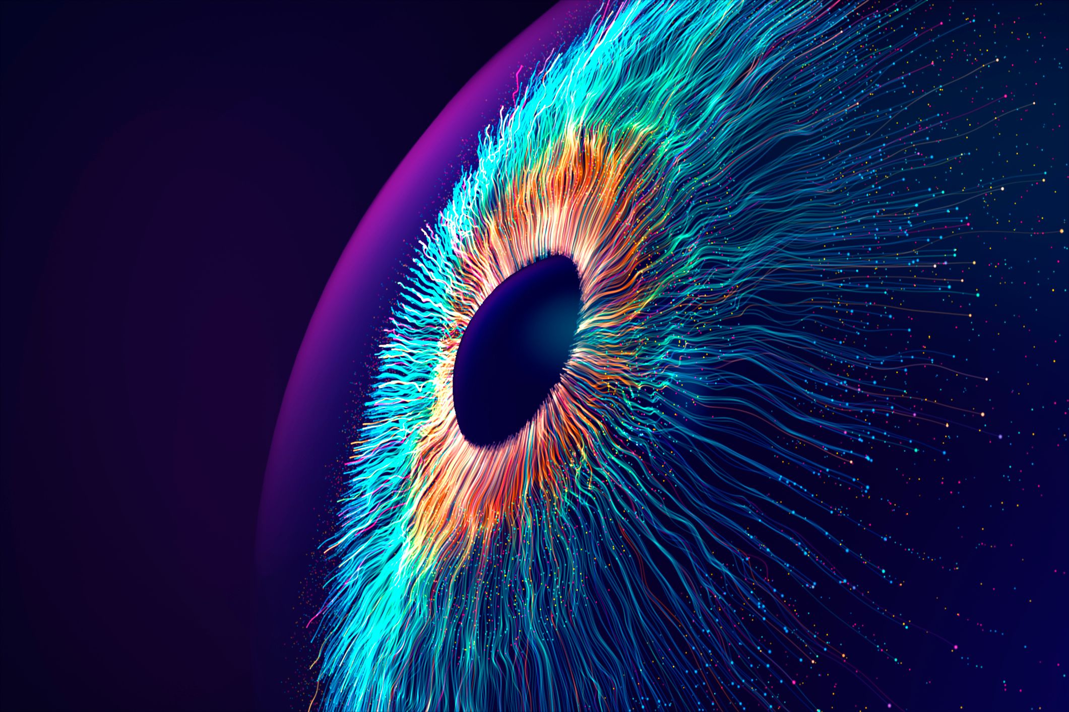 Ein sternförmiges Bündel glasfaserähnlicher Strahlen bildet das Bild eines Augapfels, der im Weltraum schwebt.