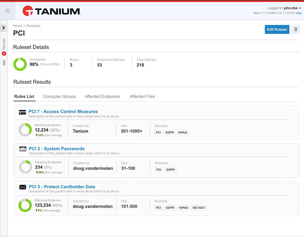 Screenshot von Tanium Reveal, der die Ergebnisse des PCI-Compliance-Regelsatzes sowie Kennzahlen zum Schwachstellenmanagement zeigt