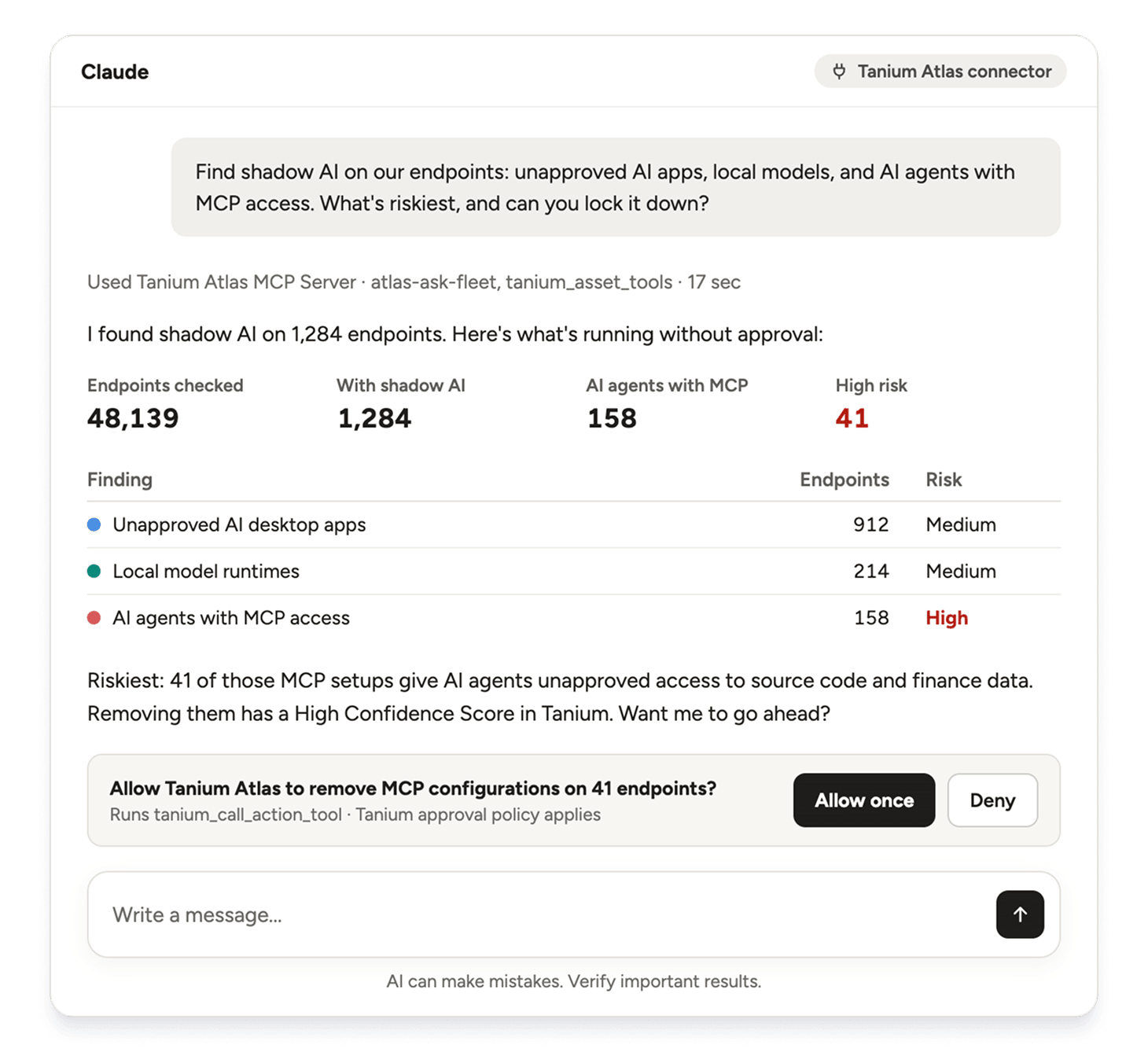 Tanium Atlas MCP Server Chat-Schnittstelle, die Asset-Erkennungs- und Bestandsdaten zeigt, die in Diagrammpanels visualisiert werden