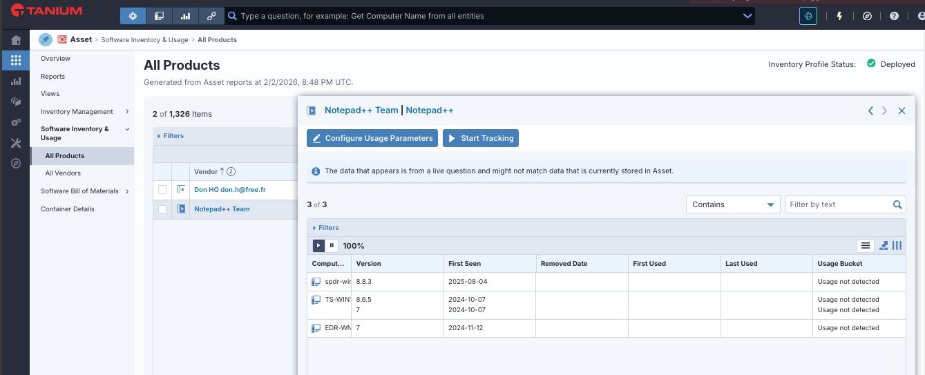 Screenshot der Tanium-Software „Usage and Inventory“