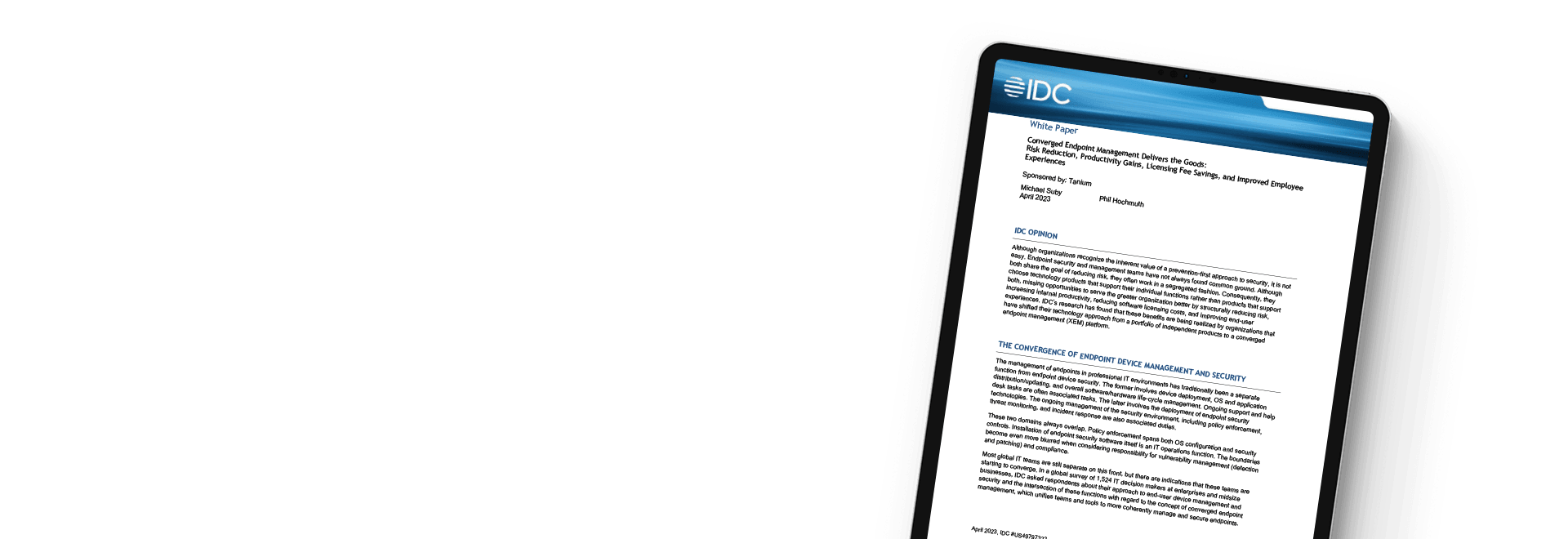 Tablet mit dem IDC-Whitepaper „Converged Endpoint Management liefert Ergebnisse"