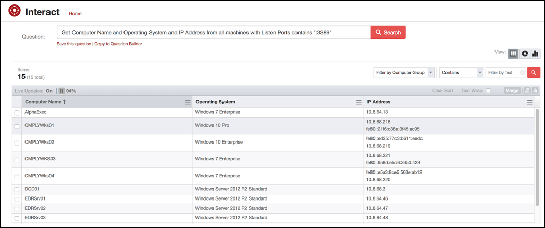 Screenshot einer Tanium Interact-Abfrage, in der Computernamen, Betriebssysteme und IP-Adressen angezeigt werden