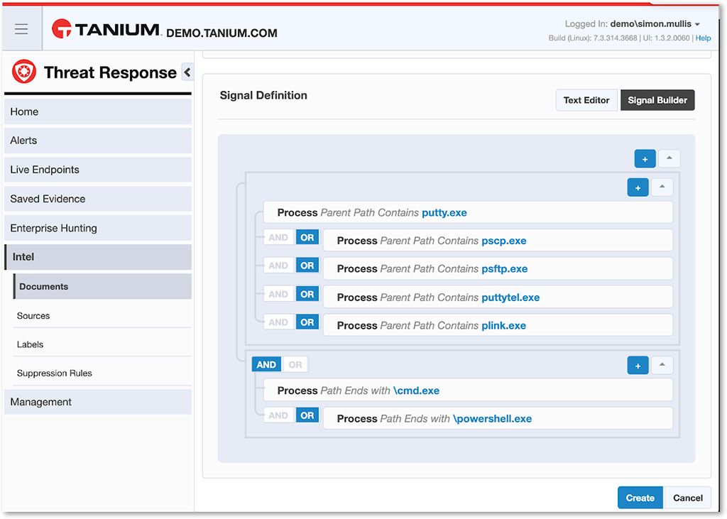 Screenshot des „Tanium Threat Response Signal Definition Builder“ mit UND/ODER-Logik, der Regeln zur Erkennung von „putty.exe“ und zugehörigen ausführbaren Dateien zeigt