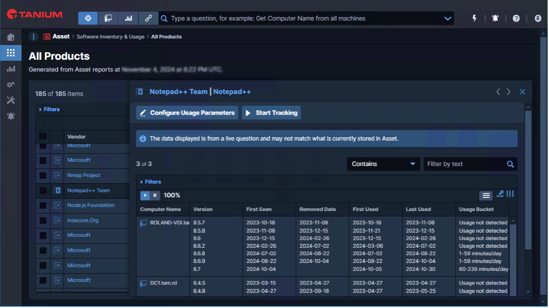 Screenshot der Tanium-Softwareinventarisierung, der den gesamten Produktkatalog sowie Installationsstatistiken anzeigt