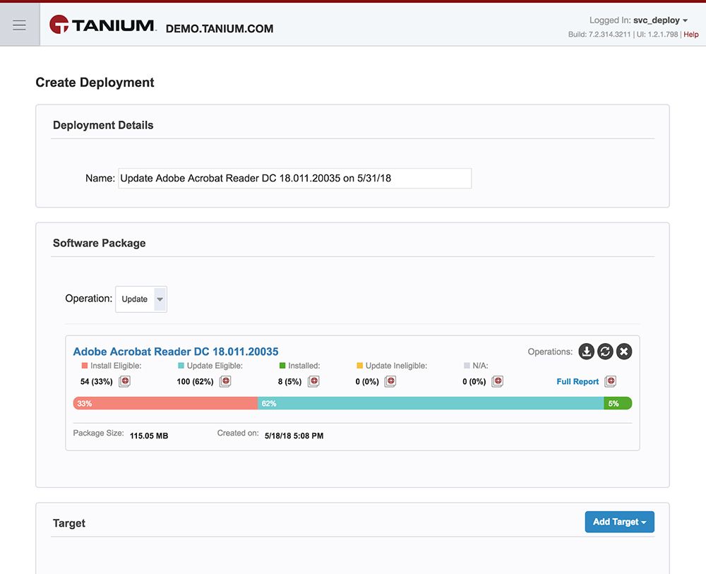 Tanium Deploy-Oberfläche zur Erstellung von Bereitstellungen für das Adobe Acrobat Reader-Update mit Anzeige der Berechtigung und des Installationsfortschritts