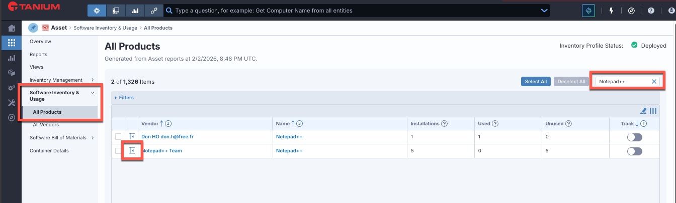 Screenshot der Tanium-Software „Usage and Inventory“ mit Klickpfad zum Auffinden von Geräten, auf denen Notepad++ ausgeführt wird