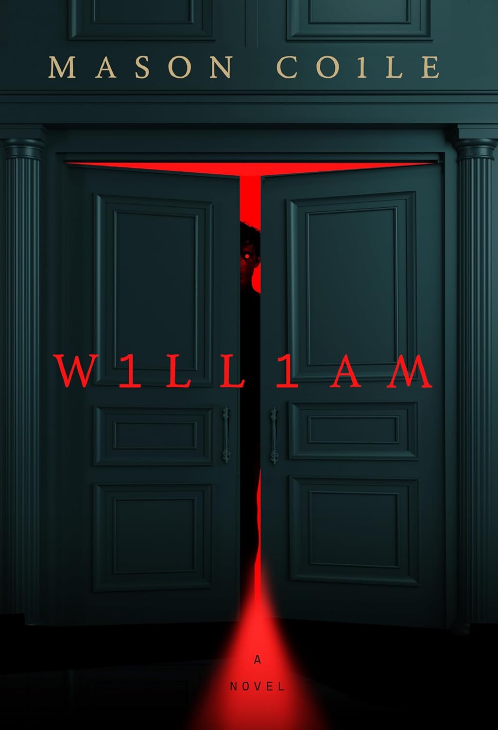 Das Buchcover von „William“, auf dem eine dunkelblaue Flügeltür zu sehen ist, die einen Spalt breit geöffnet ist, aus der rotes Licht strömt und in deren Schatten sich eine unheimliche Gestalt abzeichnet.