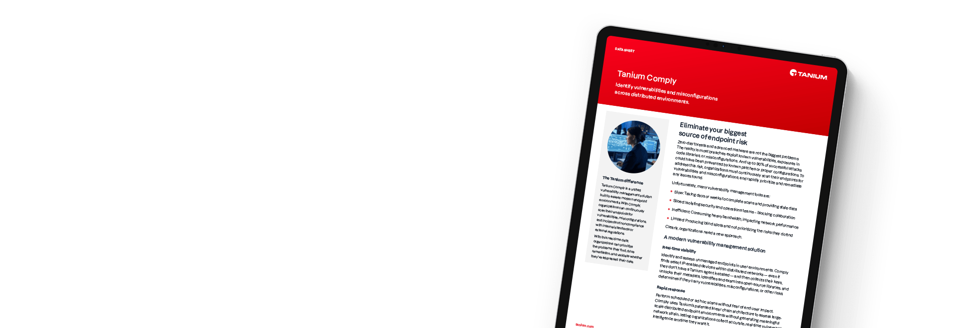 Tablet mit dem Tanium Comply Datenblatt für das Schwachstellenmanagement