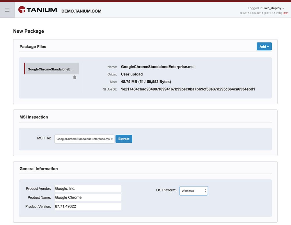 Benutzeroberfläche zur Erstellung von Tanium-Deploy-Paketen mit Anzeige des Hochladens einer Google Chrome-MSI-Datei und der Paketdetails
