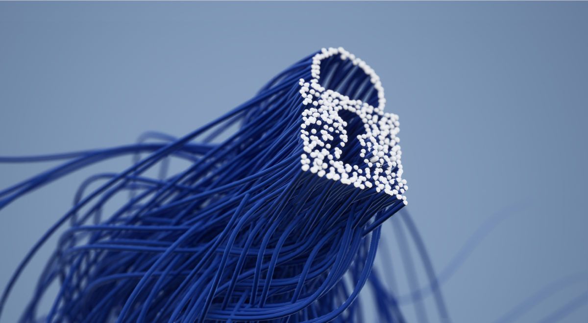 Illustration von blauen Glasfaserkabeln mit dem Symbol eines digitalen Schlosses
