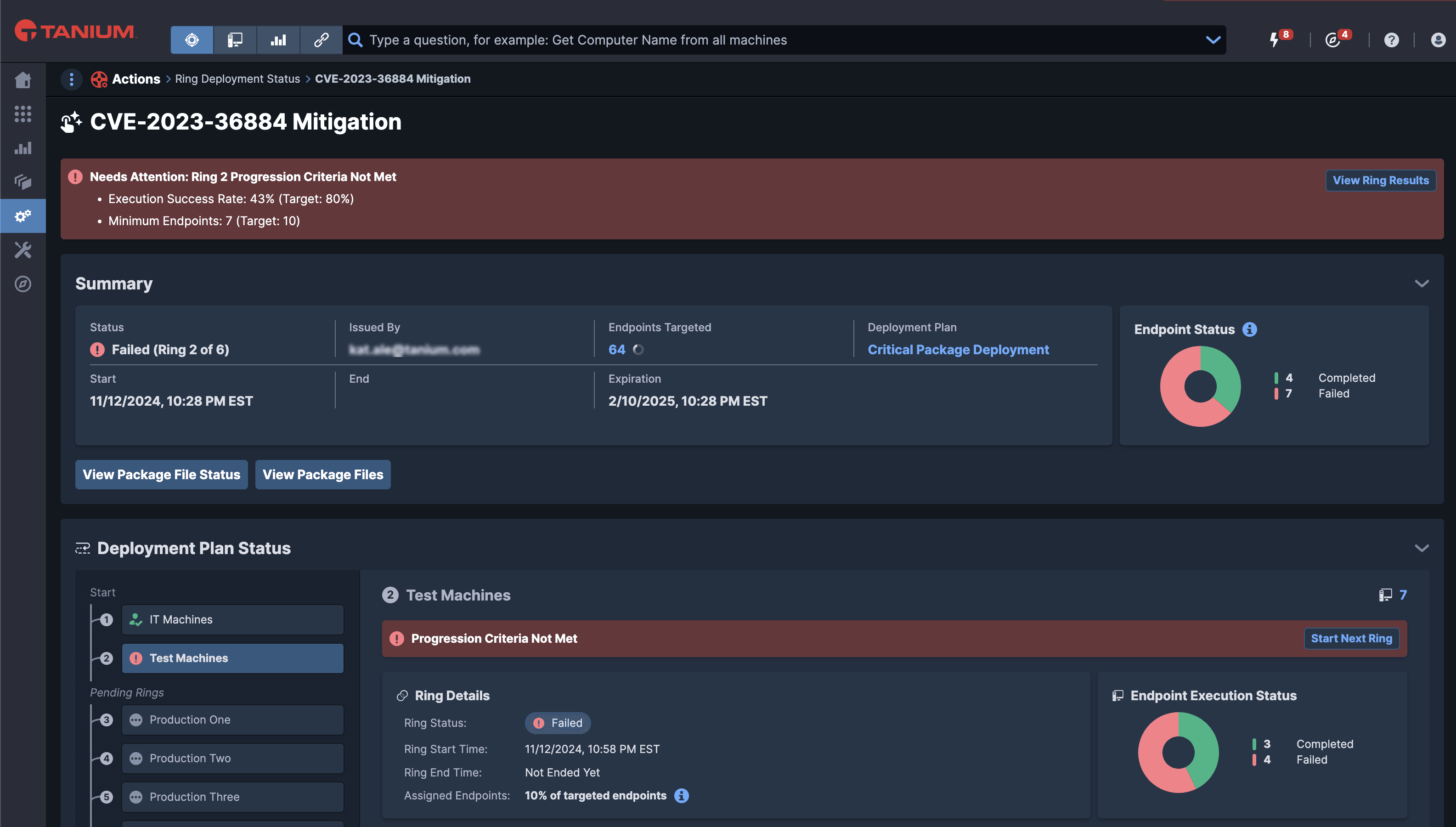 Screenshot eines Bildschirms mit dem Tanium-Ring-Bereitstellungsstatus, auf dem ein Vorgang angezeigt wird, der Ihrer Aufmerksamkeit bedarf