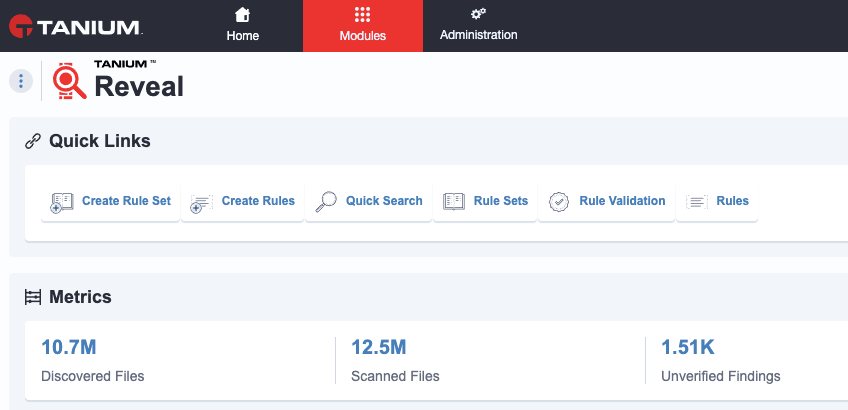 Screenshot des Tanium Reveal-Moduls mit Schnellzugriffen und Kennzahlen: 10,7M erkannte Dateien, 12,5M gescannte Dateien und 1,51K unbestätigte Befunde