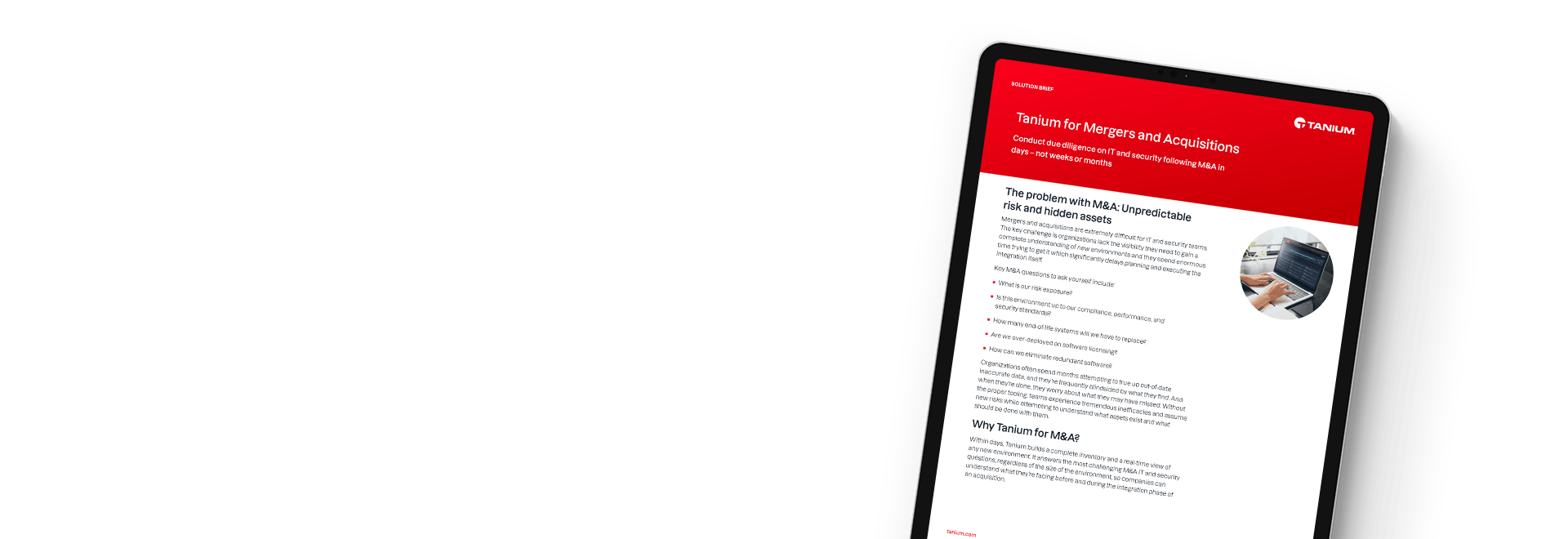 Tablet mockup displaying Tanium for Mergers and Acquisitions solution brief