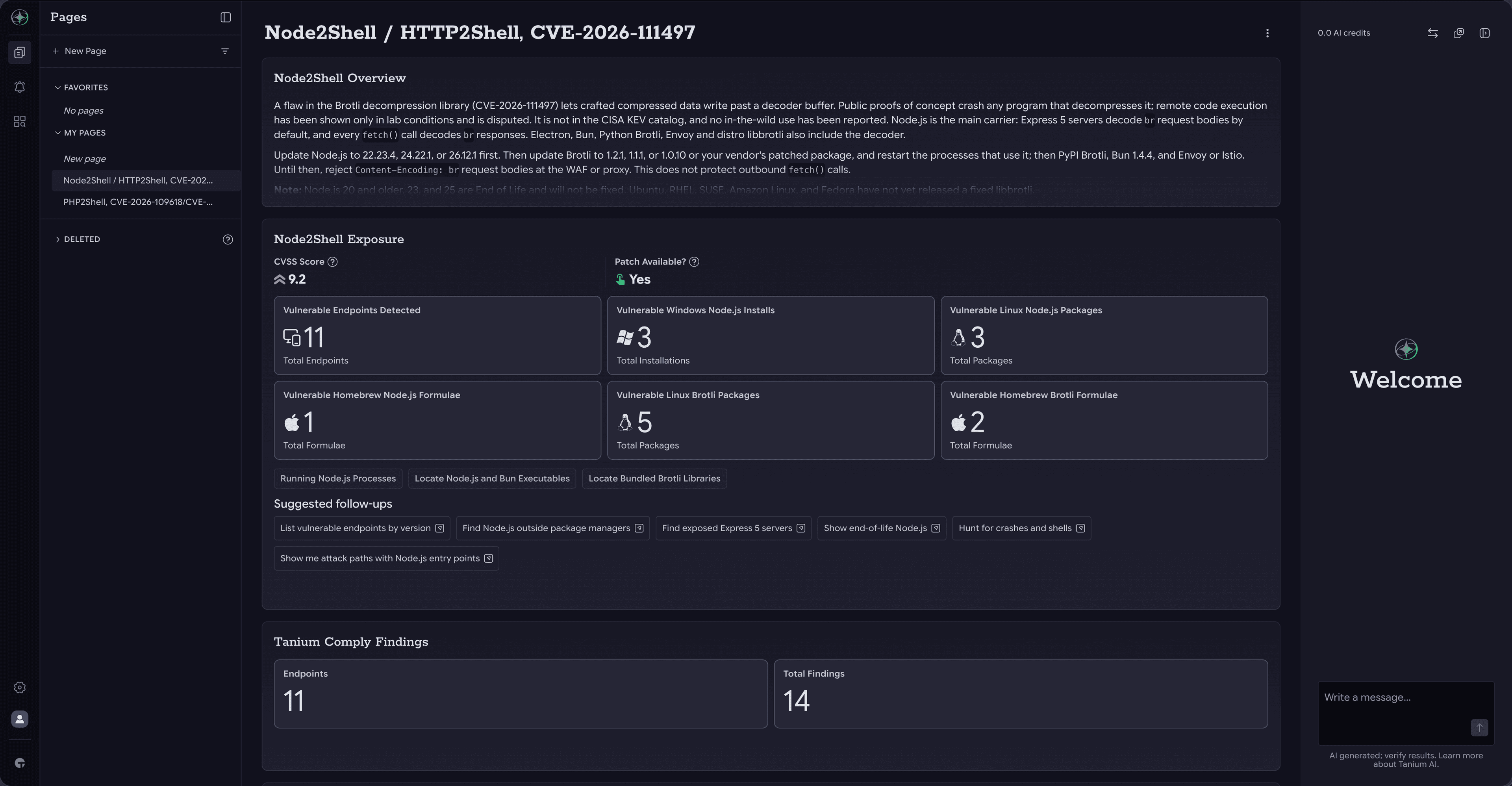 Tanium-Atlas-Seite für Node2Shell / HTTP2Shell (CVE-2026-111497) mit Angabe eines CVSS-Werts von 9,2, der Verfügbarkeit von Patches sowie der Anzahl der anfälligen Endpunkte, Node.js-Installationen und Brotli-Pakete