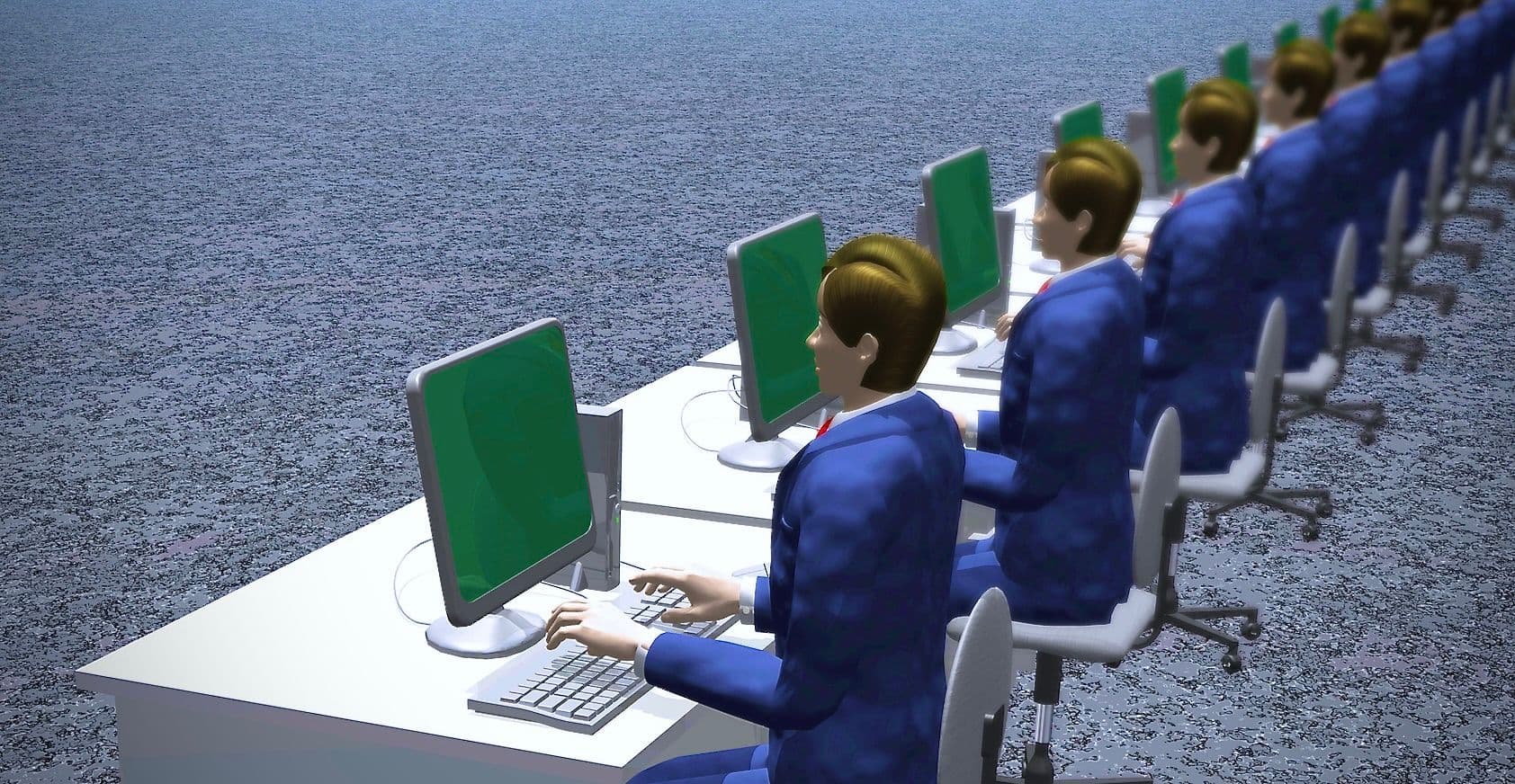 Eine computergenerierte Darstellung von fiktiven Geschäftsleuten, die an einer Reihe von Desktop-Computern arbeiten.