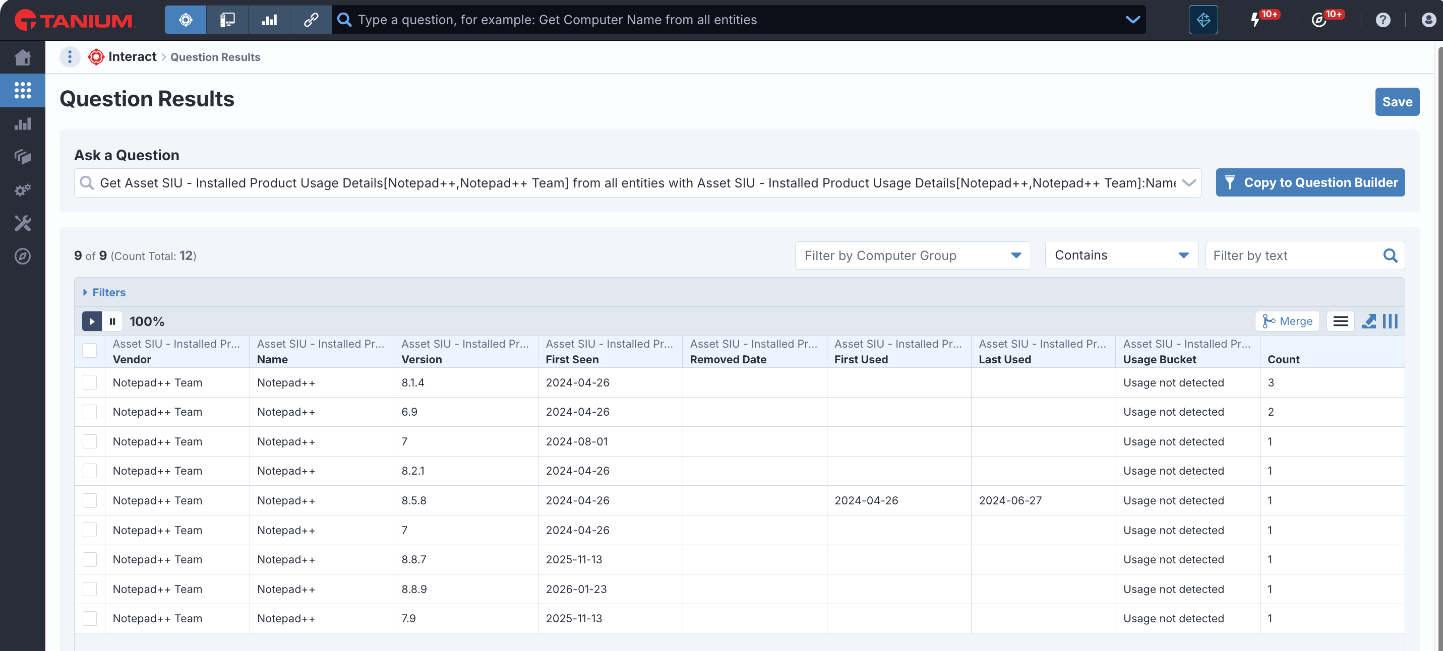 Screenshot von Tanium Interact, der Notepad++-Instanzen zeigt