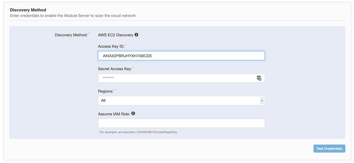 Screenshot des Konfigurationsformulars für die „Discovery Method“ in Tanium Discover mit den Einstellungen für „AWS EC2 Discovery“ und den Feldern für den Zugriffsschlüssel