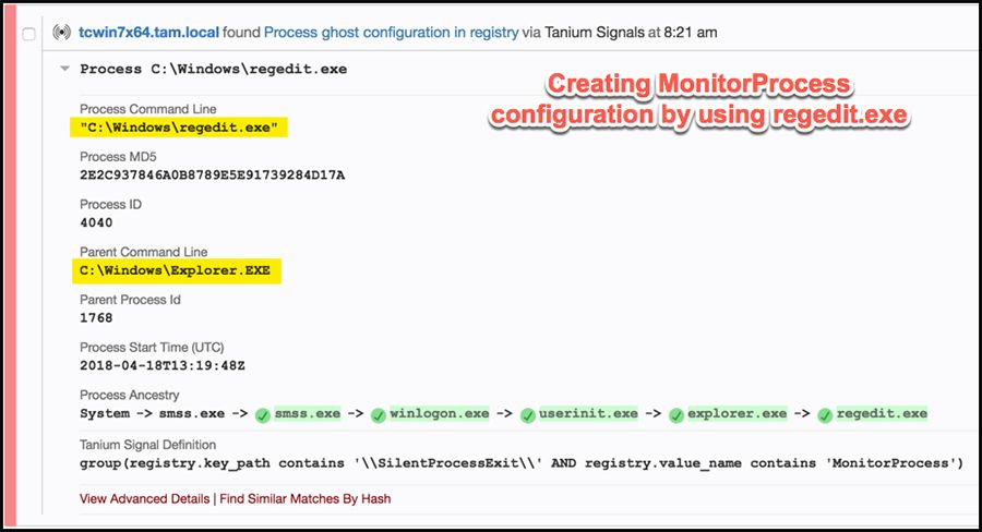 Tanium Signals-Warnmeldung bezüglich einer Phantomkonfiguration des Prozesses über regedit