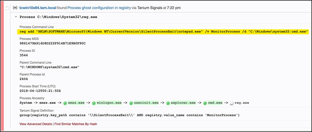 Tanium Signals zeigt die Erkennung eines Persistenzmechanismus in PowerShell an