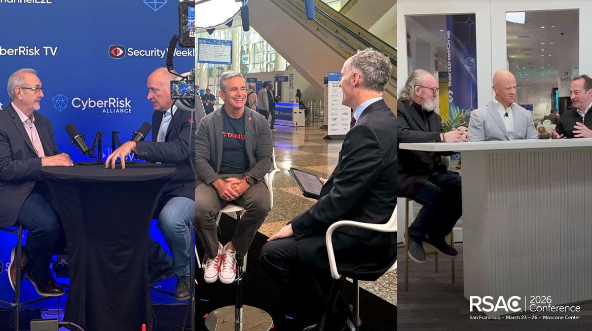 Dreiteilige Bilderserie, die Führungskräfte von Tanium bei Medieninterviews auf der RSAC 2026 zeigt