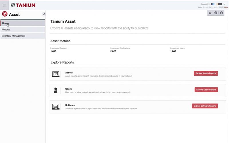 Screenshot von Tanium Asset, der die Startseite mit den Bereichen „Asset Metrics“ und „Explore Reports“ zeigt