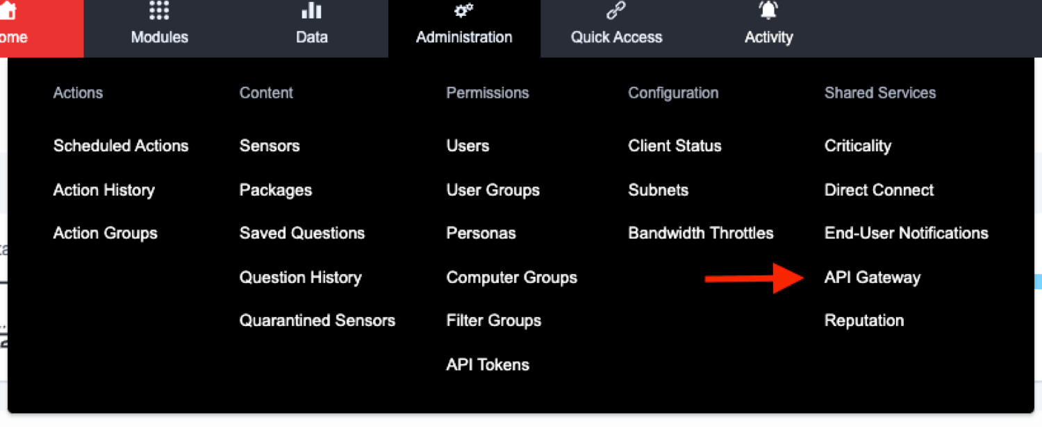 Screenshot 2: Darstellung der Position des API-Gateways in der Tanium-Konsole