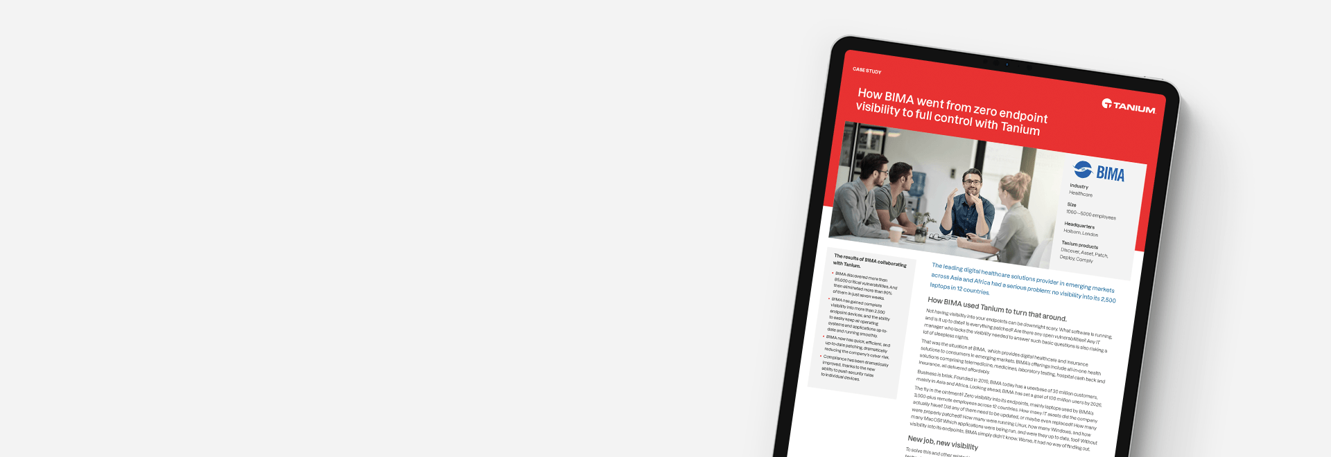 Tablet-Mockup der Fallstudie „Wie BIMA von der Endpunktsichtbarkeit auf null zur vollständigen Kontrolle mit Tanium gelaufen ist“