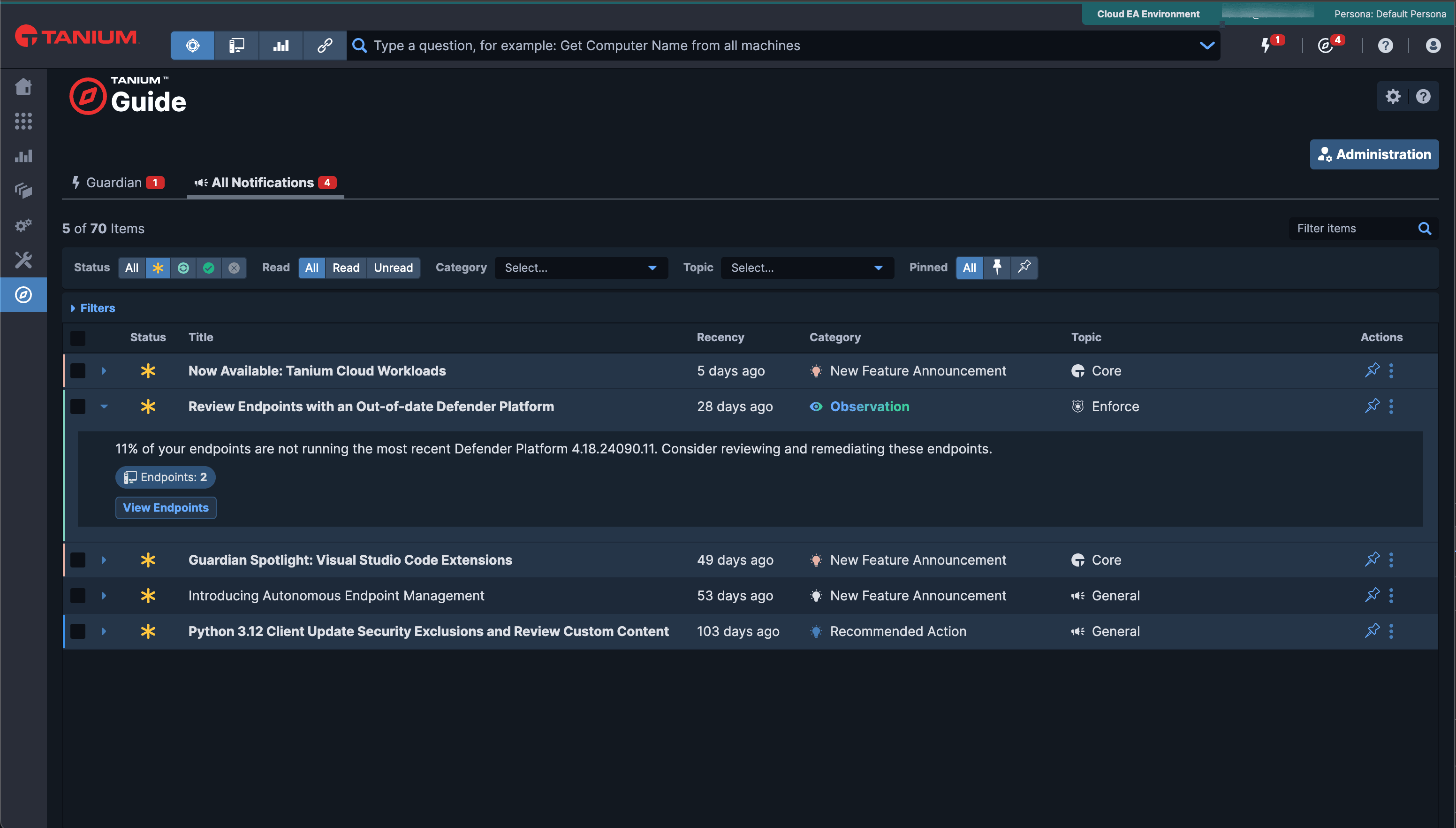 Screenshot des umfassenden Arbeitsbereichs des Tanium Guide