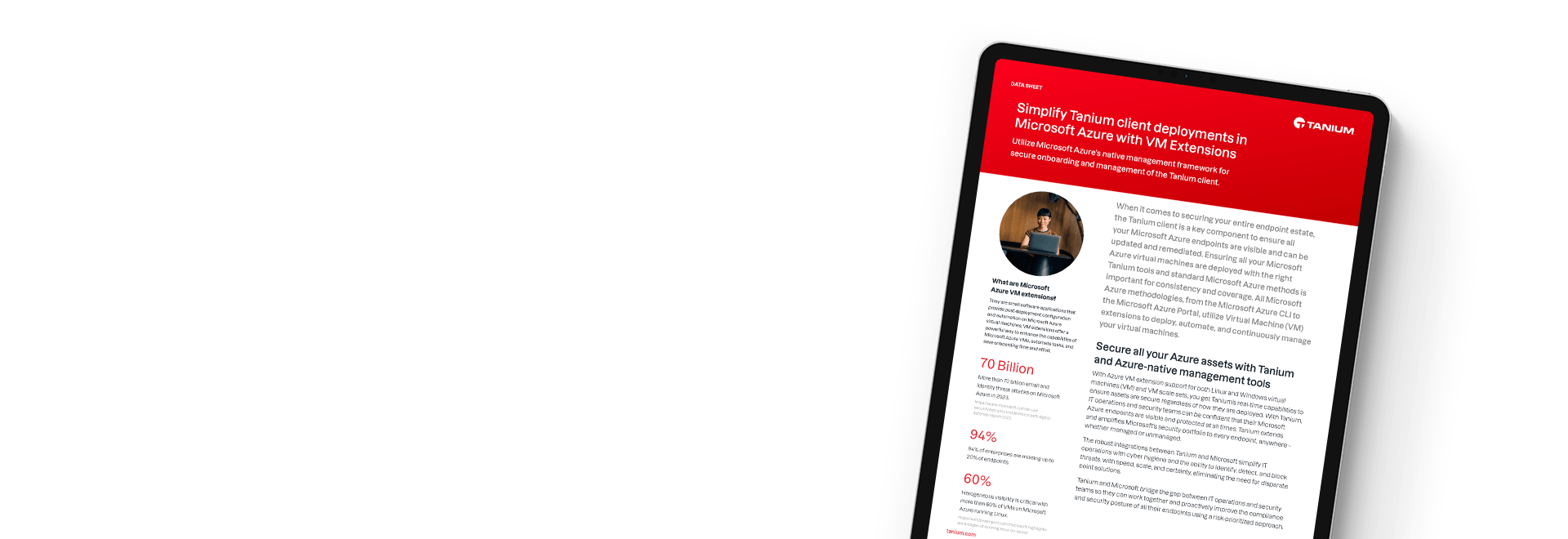 Datenblatt „Vereinfachen Sie Tanium-Client-Bereitstellungen in Microsoft Azure mit VM-Erweiterungen" auf einem Tablet