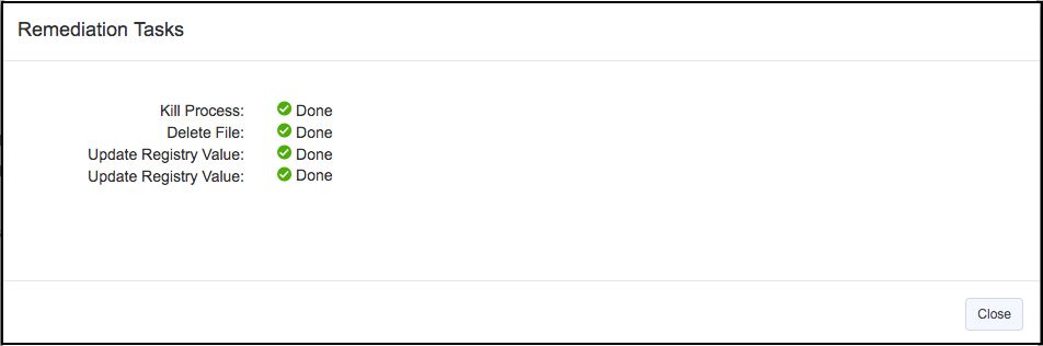 Screenshot, der Korrekturmaßnahmen mit den Aufgaben „Prozess beenden“, „Datei löschen“ und „Registrierung aktualisieren“ zeigt, die alle als erledigt markiert sind