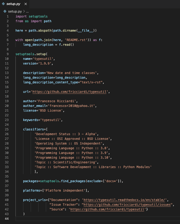 Screenshot von „setup.py“ aus dem schädlichen Paket „typesutil“