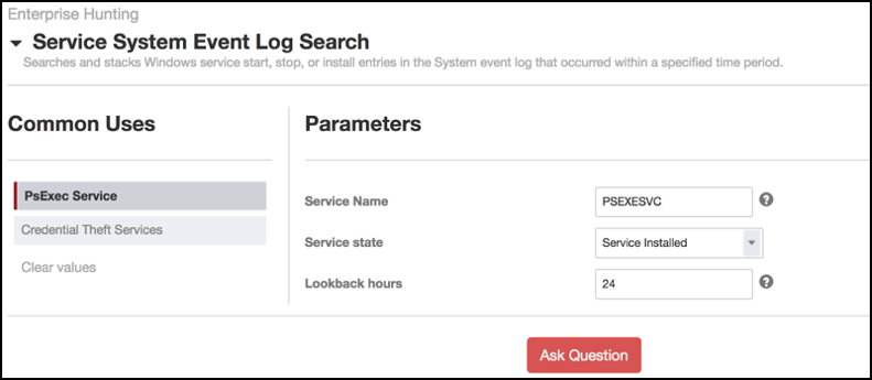 Screenshot der Benutzeroberfläche zur Suche im Ereignisprotokoll des Dienstsystems mit den PsExec-Dienstparametern