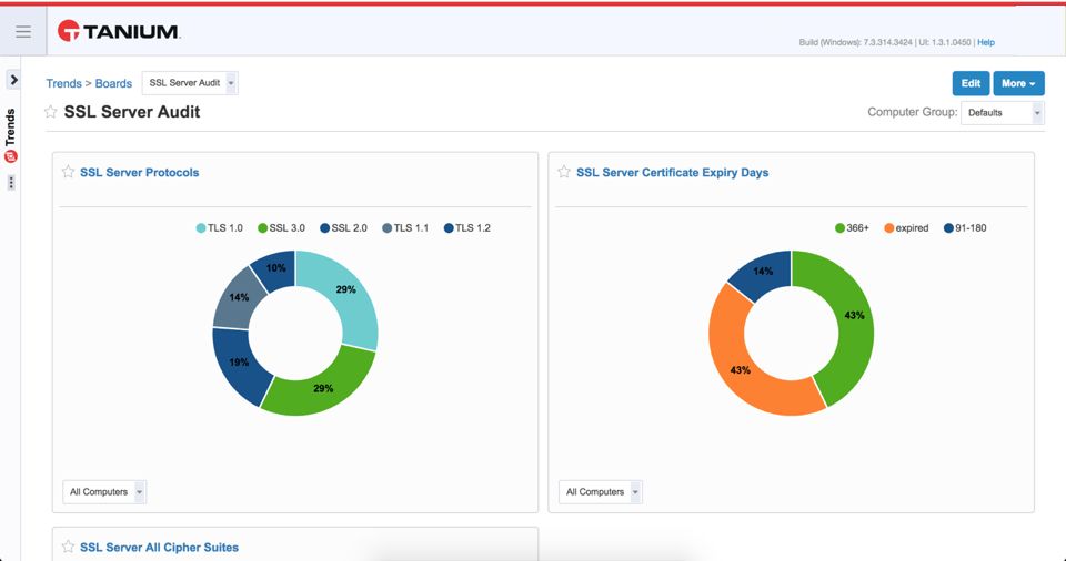 Tanium Trends SSL-Server-Audit-Übersicht mit Angaben zu den Protokollversionen der Server und den verbleibenden Tagen bis zum Ablauf der Zertifikate