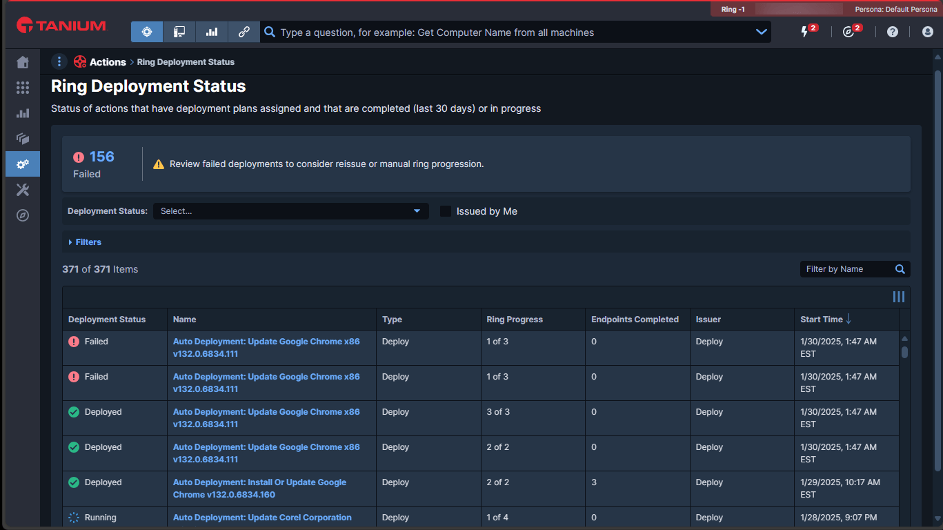 Ein Screenshot der Ansicht „Tanium Ring Deployment Status“, in der die Betreiber den Echtzeitstatus jeder einzelnen Aktion verfolgen können