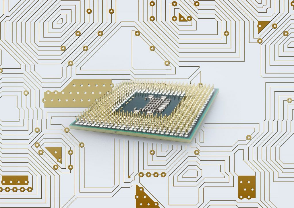 3D : Abbildung eines auf einer Leiterplatte montierten Mikroprozessors mit angeschlossenen Pins