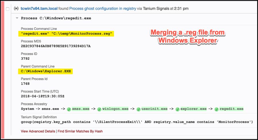 Tanium Signals zeigt die Zusammenführung von Registrierungsdateien im Windows Explorer an