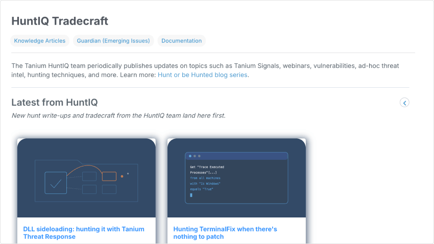 HuntIQ Tradecraft-Hub mit den neuesten Beiträgen aus dem HuntIQ-Feed zu Hunt-Berichten, darunter zum Sideloading von DLLs und zu TerminalFix
