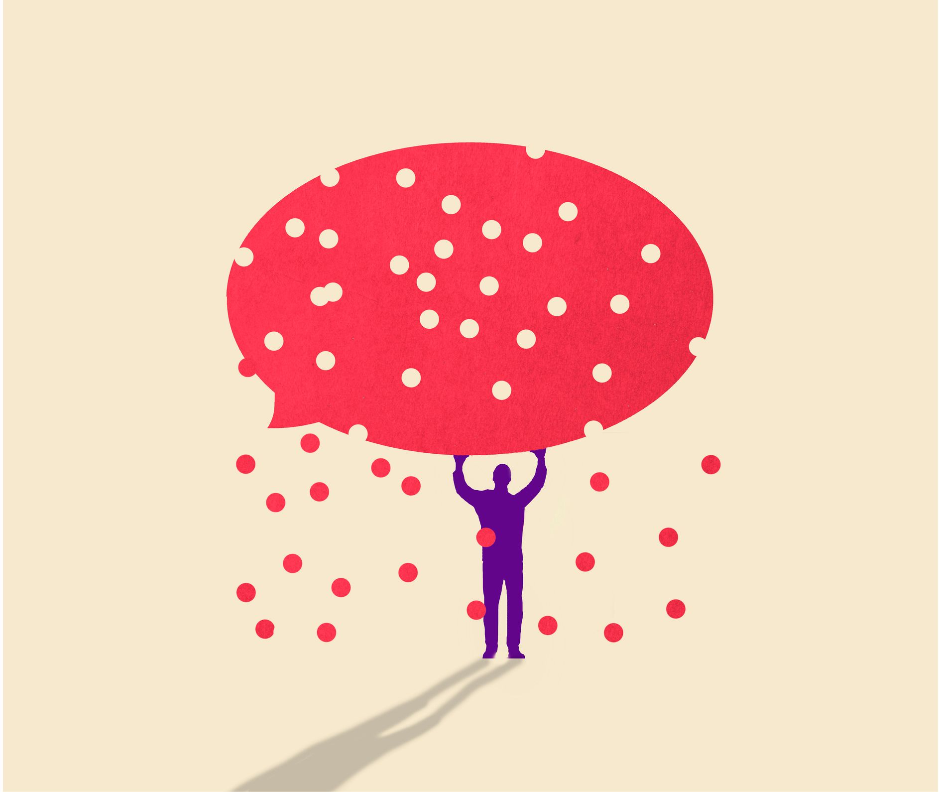 Eine Illustration eines Mannes, der als blaue Silhouette dargestellt wird und eine große rote Sprechblase mit Löchern über seinen Kopf hält.