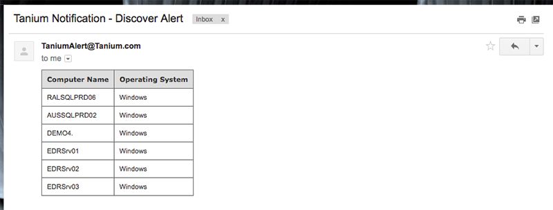 E-Mail-Benachrichtigung von Tanium Discover Alert mit einer Übersicht über die Windows-Computer