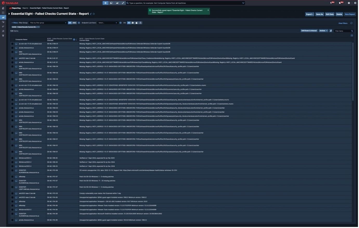 Screenshot des „Essential Eight“-Berichts in der Tanium-Konsole