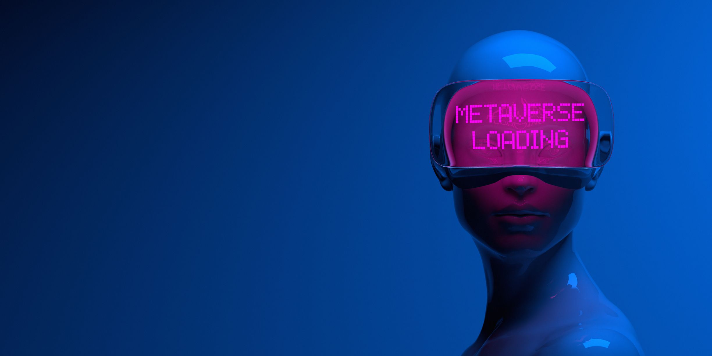 Das Bild eines Avatars vor einem schattigen blauen Hintergrund, der ein Virtual-Reality-Headset trägt, auf dem in neonpinken Buchstaben „Metaverse wird geladen" steht.
